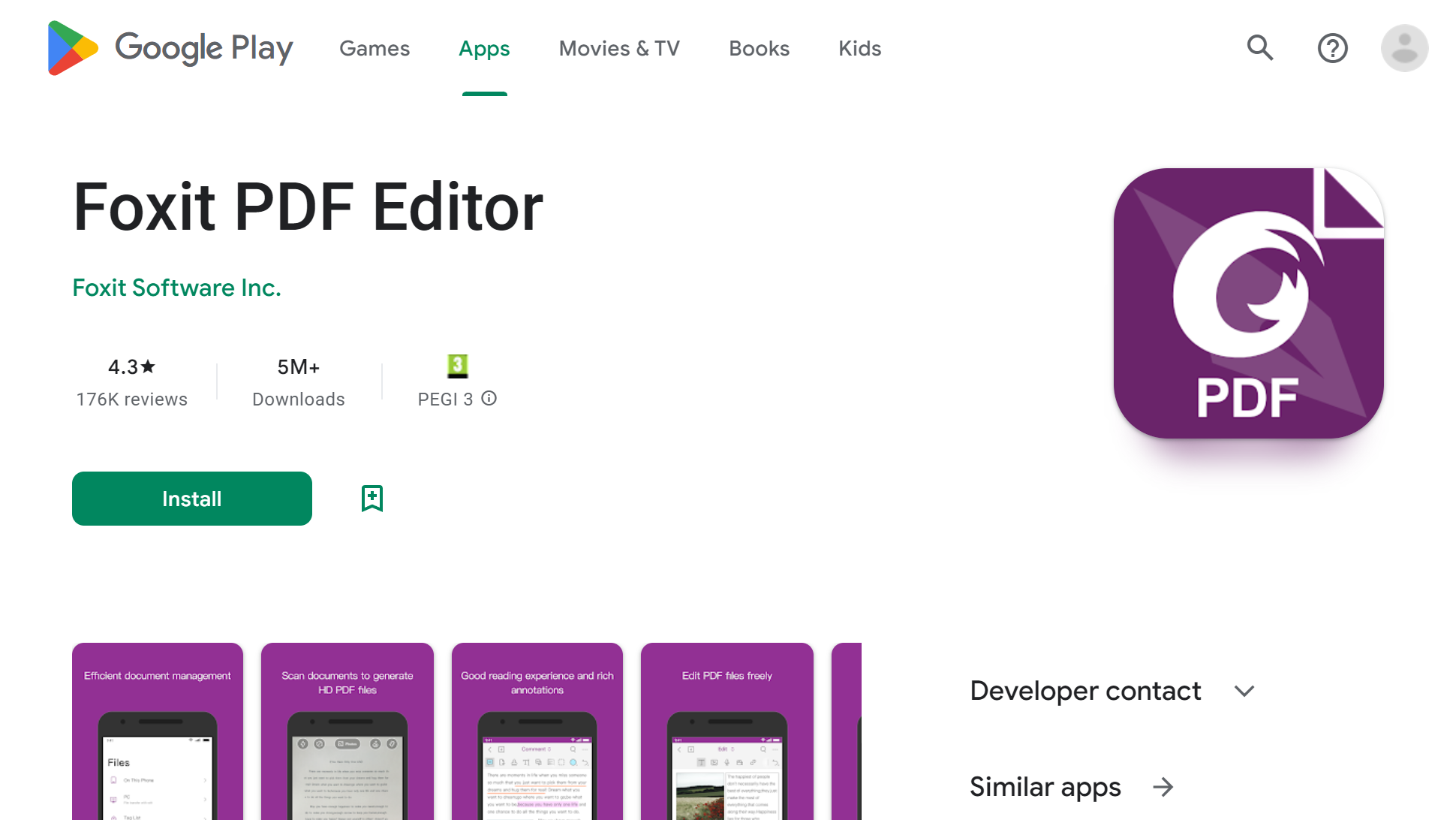 Google Play screenshot of Foxit PDF Editor app