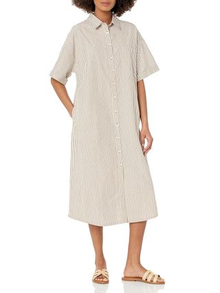 The Drop Women's Marla Drop Shoulder Short Sleeve Midi Shirt Dress, Toasted/white, Xxs