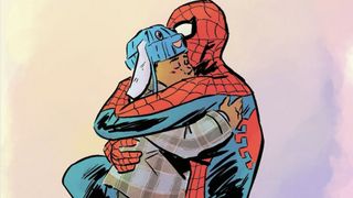 Comic book-style art showing Spider-Man embracing Liam Conejo Ramos, who was detained by ICE