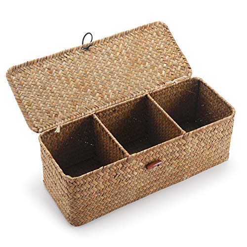 Seagrass Storage Basket With Lid Small Woven Shelf Baskets Rectangular With Sections for Organize Snack Toys Tampon