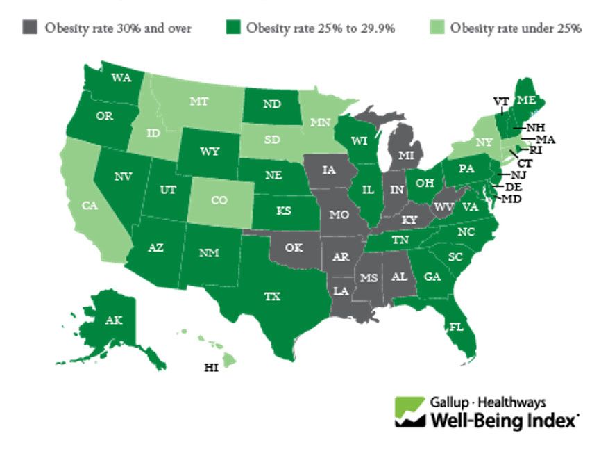 A map of the United States showing the nation&#039;s most and least obese states.