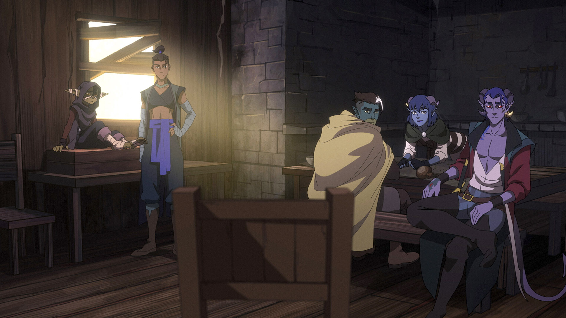 Nott, Beau, Fjord, Jester, and Mollymauk looking at an off-camera Caleb in The Mighty Nein episode 5