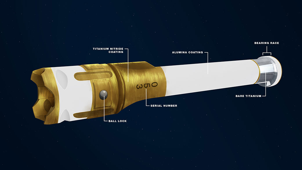 An illustration showing component features on the exterior of a sample tube being carried aboard the Mars 2020 Perseverance rover.