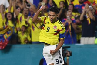 Radamel Falcao celebrates a goal for Colombia against Venezuela in September 2018.