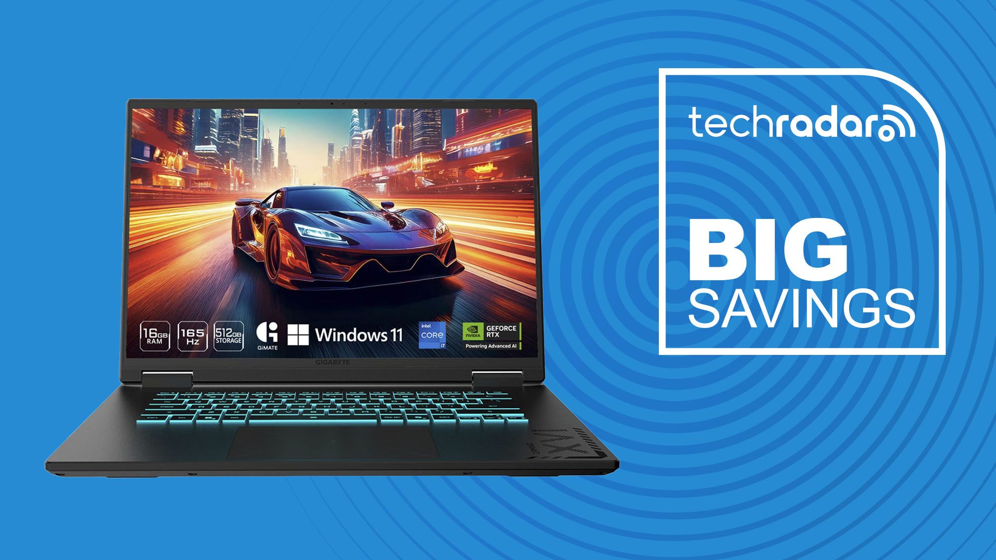 Gigabyte Gaming A16 laptop on blue background with TechRadar big savings sign