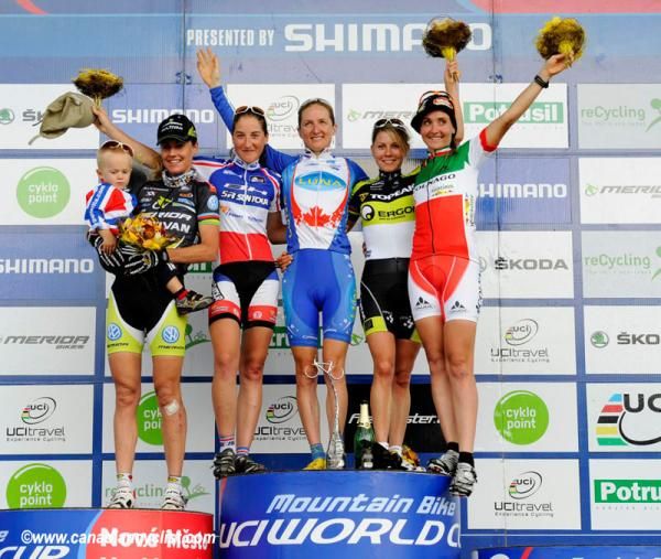 Elite women's cross country Czech World Cup podium: Gunn-Rita Dahle Flesjaa , Julie Bresset , Catharine Pendrel, Irina Kalentieva , Eva Lechner