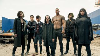 A movie still of the Umbrella Academy superheroes