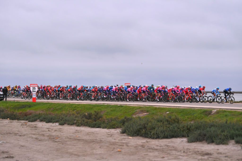 SAINTESMARIESDELAMER FRANCE FEBRUARY 13 Peloton Landscape during the 5th Tour de La Provence 2020 Stage 1 a 1495km stage from Chteaurenard to SaintesMariesDeLaMer TDLP letourdelaprovence TDLP2020 on February 13 2020 in SaintesMariesDeLaMer France Photo by Luc ClaessenGetty Images