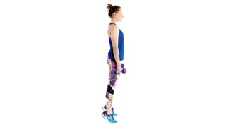 30 day legs challenge: woman demonstrating calf raises with dumbbells