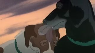 Rowf licking Snitter's forehead in The Plague Dogs