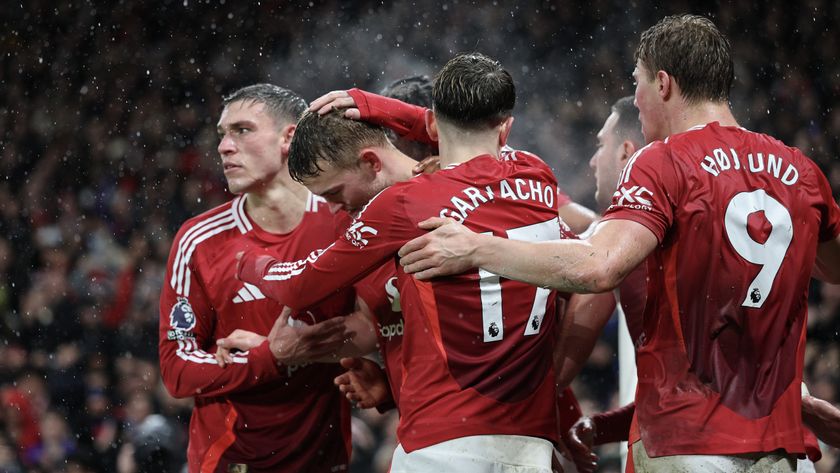 Matthijis de Ligt of Manchester United celebrates with his team mates after scoring a goal to make it 2-1 during the Premier League match between Manchester United FC and Ipswich Town FC.