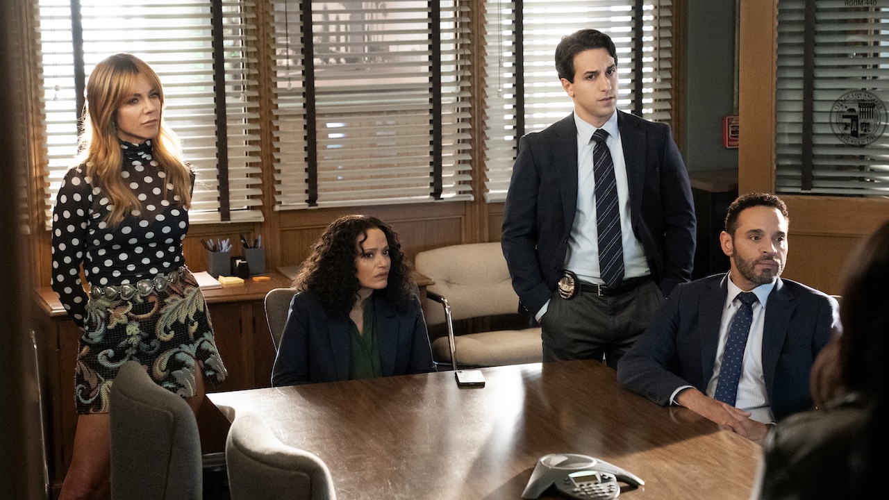 Morgan, Karadec, Oz and Soto sitting around table in High Potential Season 2