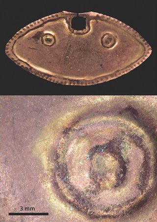 A hammered nose ornament. Remnants of the golden layer that once covered the whole surface are still visible.