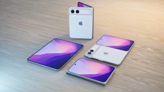 An unofficial render of the iPhone Fold, open and closed in different positions