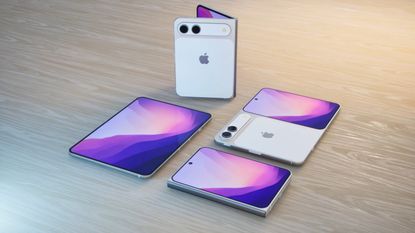 An unofficial render of the iPhone Fold, open and closed in different positions