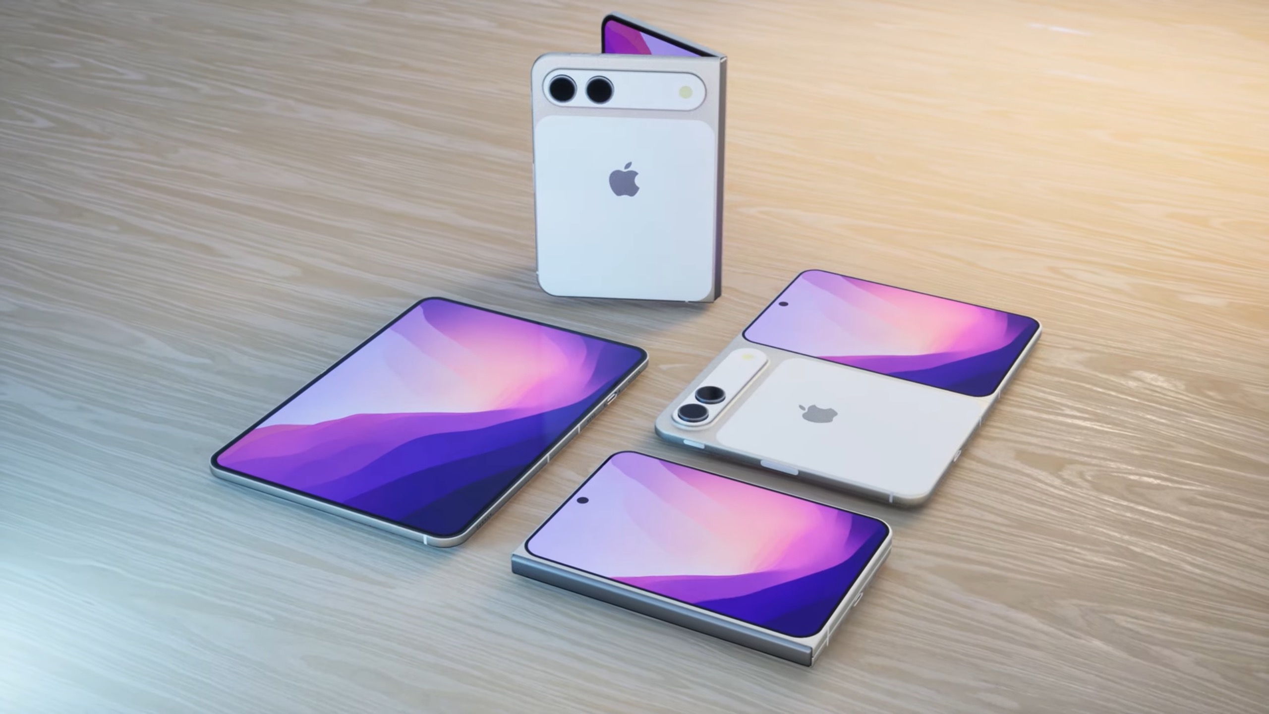 An unofficial render of the iPhone Fold, open and closed in different positions