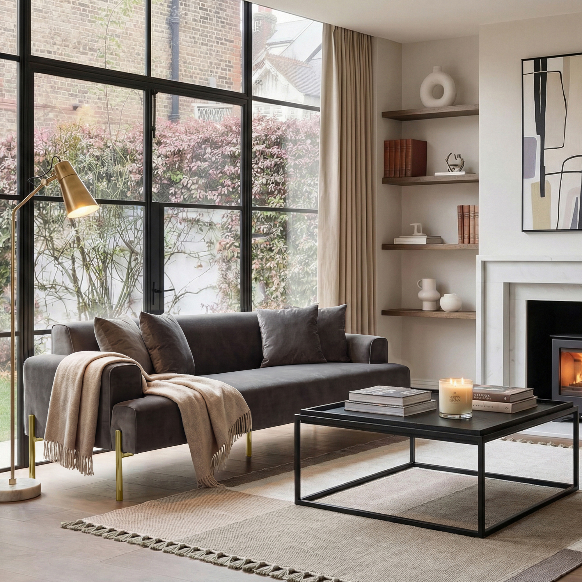 modern living room with log burning stove and full height Crittall style doors