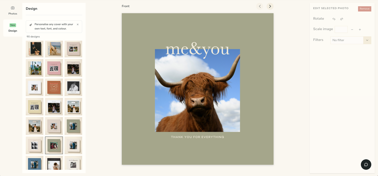 A photo book cover featuring a highland cow and a caption reading 'Me &amp; You'.