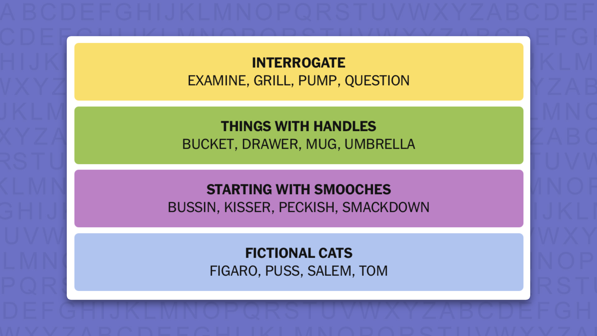 NYT Connections answers for game 1128 on a purple background