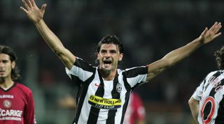 TURIN, ITALY - AUGUST 25: Vincenzo Iaquinta of Juventus celebrates scoring a goal during the Serie A match between Juventus FC and AS Livorno Calcio at the Stadio Olimpico di Torino on August 25, 2007 in Turin, Italy. Juventus won 5-1; David Trezeguet scored three goals and Vincenzo Iaquinta scored two goals, one of which was a penalty. (Photo by NewPress/Getty Images)