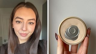 Image of Sennen Prickett smiling with straight long brunette hair, wearing the pressed powder, and an image of Sennen's Rimmel Pressed Powder