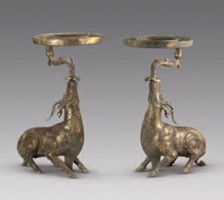 Two bronze lamps, shaped like deer and gilded with gold, were found in the tomb of ruler Liu Fei of the Jiangdu kingdom in China.