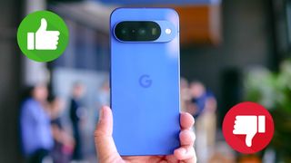 Google Pixel 10 held in hand with thumbs up and thumbs down icons