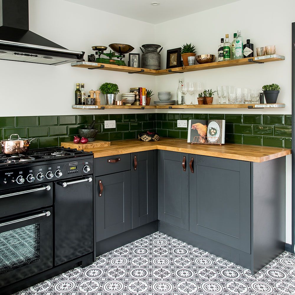 Kitchen makeover with dark grey units, palm print wallpaper and green ...