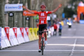APT FRANCE MARCH 13 Arrival Tiesj Benoot of Belgium and Team Sunweb Celebration during the 78th Paris Nice 2020 Stage 6 a 1615km stage from Sorgues to Apt 234m ParisNice parisnicecourse PN on March 13 2020 in Apt France Photo by Luc ClaessenGetty Images