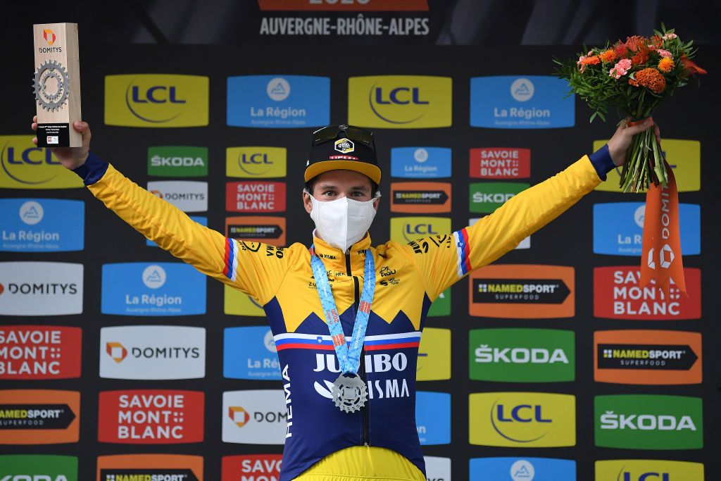 CHARTREUSE FRANCE AUGUST 13 Podium Primoz Roglic of Slovenia and Team Jumbo Visma Celebration during the 72nd Criterium du Dauphine 2020 Stage 2 a 135km stage from Vienne to Col de PorteChartreuse 1316m dauphine Dauphin on August 13 2020 in Chartreuse France Photo by Justin SetterfieldGetty Images