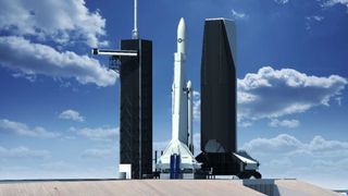 An illustration of SpaceX's planned mobile service tower at Launch Complex 39A of NASA's Kennedy Space Center in Cape Canaveral, Florida. The tower will allow vertical integration of U.S. national security payloads.