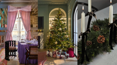 Three interior designer's homes decorated for christmas: the first a giant pink bow sits on top of pin satin curtains in a high-ceiling modern living space, ; the center image is off a modern, classic christmas tree sitting in front of a lit arched cabinet with presents underneath and the third is a close up of three taper candles tied with black velvet ribbons in amongst a fir and pinecone gardland on a dining table