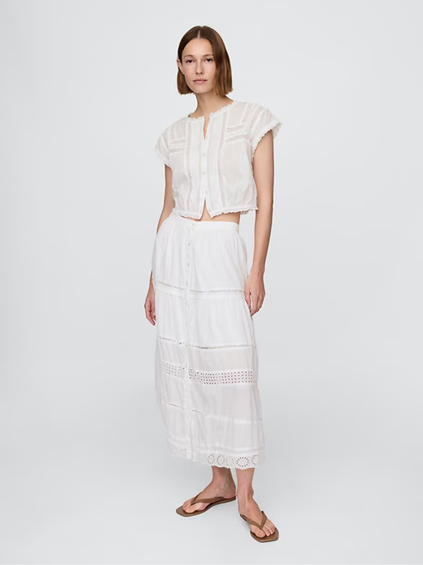 White Tiered Lace Trim Maxi Skirt