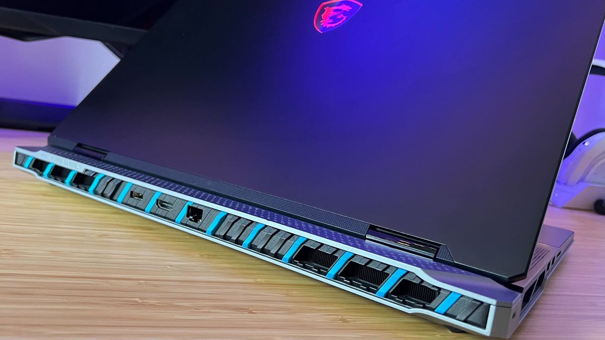 Rear of MSI Titan 18 HX showing HDMI, power, and ethernet connections