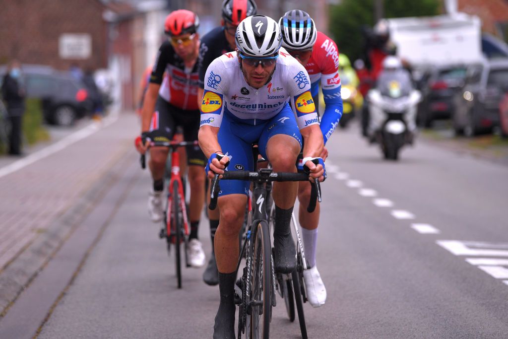 GERAARDSBERGEN BELGIUM OCTOBER 03 Florian Senechal of France and Team Deceuninck QuickStep Mathieu Van Der Poel of The Netherlands and Team AlpecinFenix Breakaway during the 16th BinckBank Tour 2020 Stage 5 a 1836km stage from Ottignies Louvain la Neuve to Muur van Geraardsbergen 108m BinckBankTour BinckBankTour on October 03 2020 in Geraardsbergen Belgium Photo by Luc ClaessenGetty Images