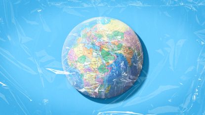 Illustration of a globe wrapped in plastic