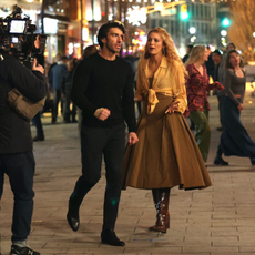 Justin Baldoni and Blake Lively are seen on the set of 'It Ends with Us' on January 12, 2024 in Jersey City, New Jersey.