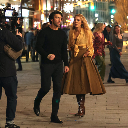 Justin Baldoni and Blake Lively are seen on the set of 'It Ends with Us' on January 12, 2024 in Jersey City, New Jersey.