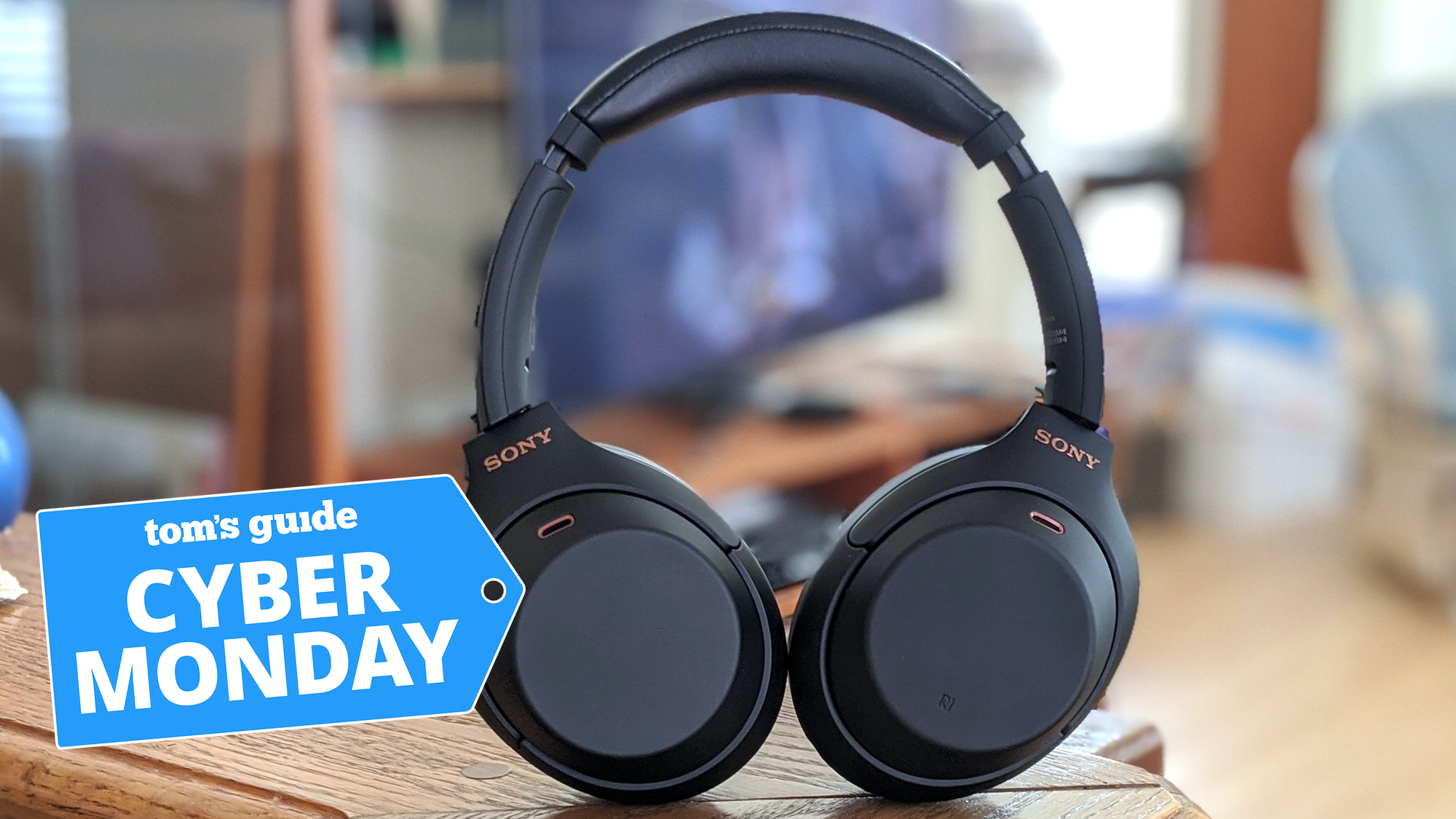 The Sony WH-1000XM4 headphones with a Cyber Monday badge
