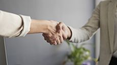 Two women shake hands after making a deal.