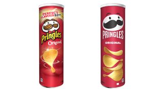 A comparison between the old Pringles packaging and the new one.