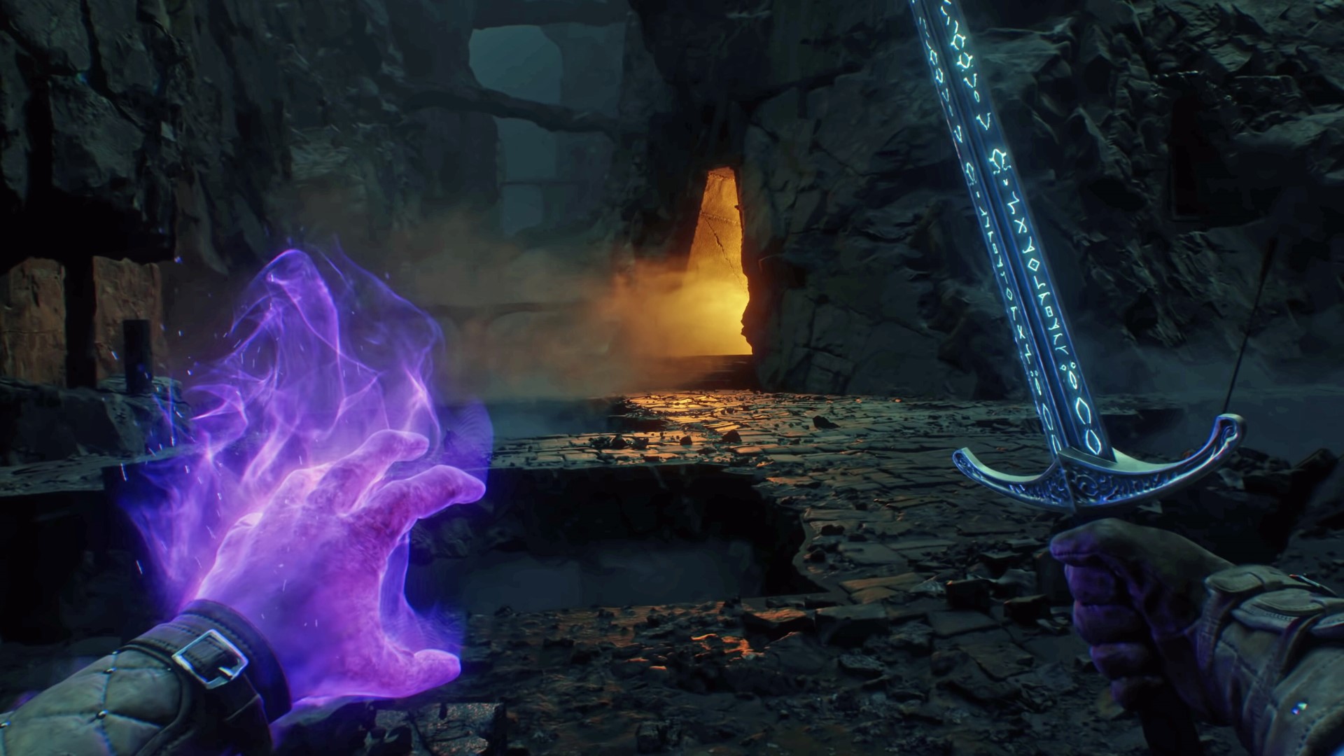 Avowed screenshot - First-person view of player dual-wielding magic and a sword