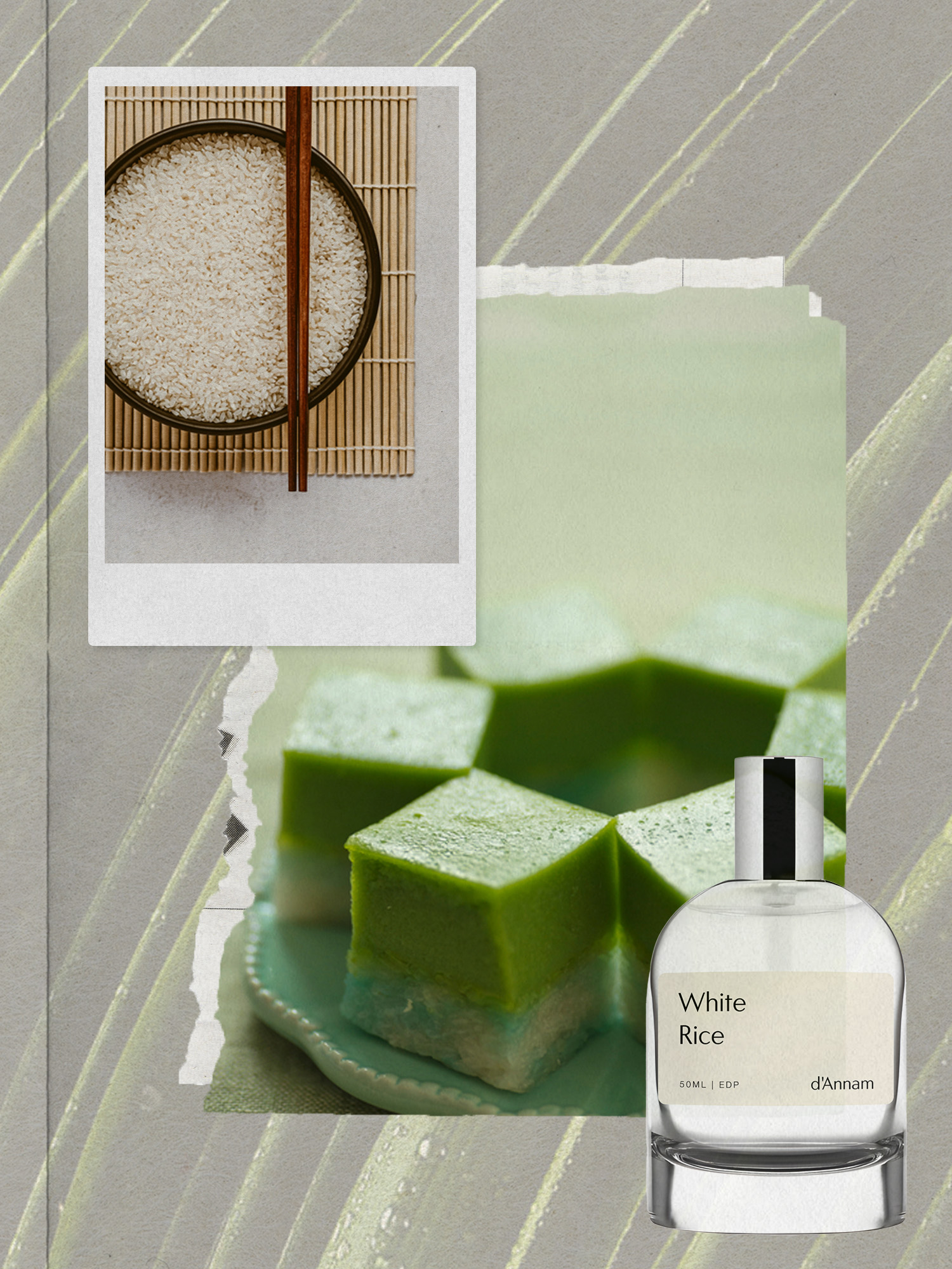 A collage of white rice in a bowl, a plate of Vietnamese pandan desserts, and a bottle of the d'Annam White Rice perfume.