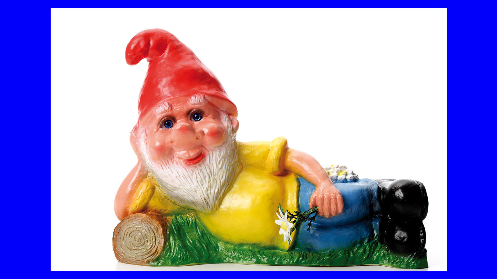 Garden gnome in blue background, lying down