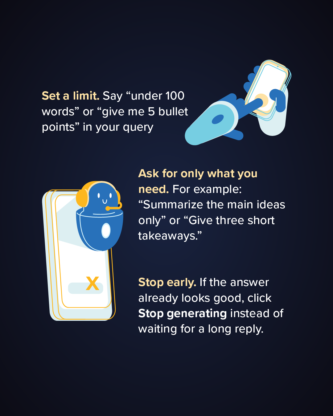 Five cards that each have a tip of how to save energy when using an AI chatbot.