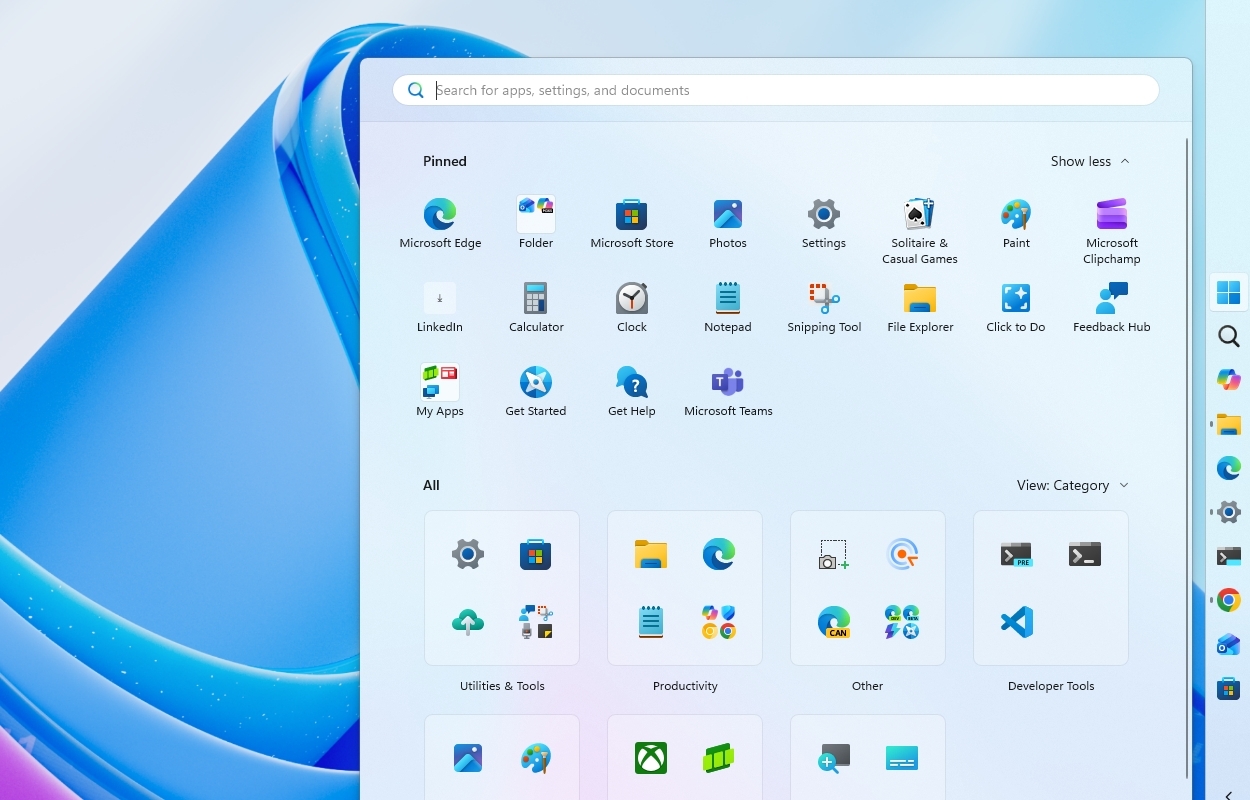 A computer screen displaying the Windows 11 Start Menu with a search bar at the top, pinned apps like Microsoft Edge and Settings, and categorized app groups below.
