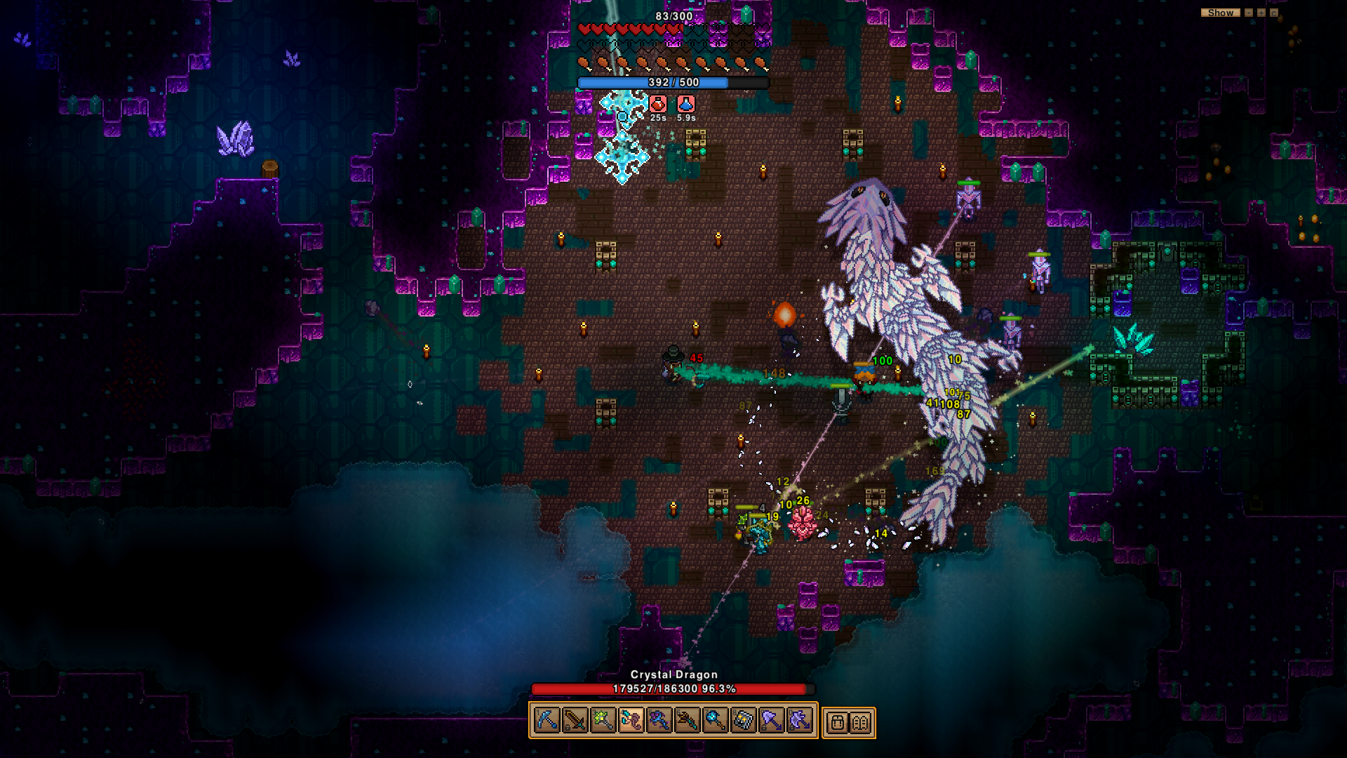 Players fight a huge white-scale dragon inside a cave