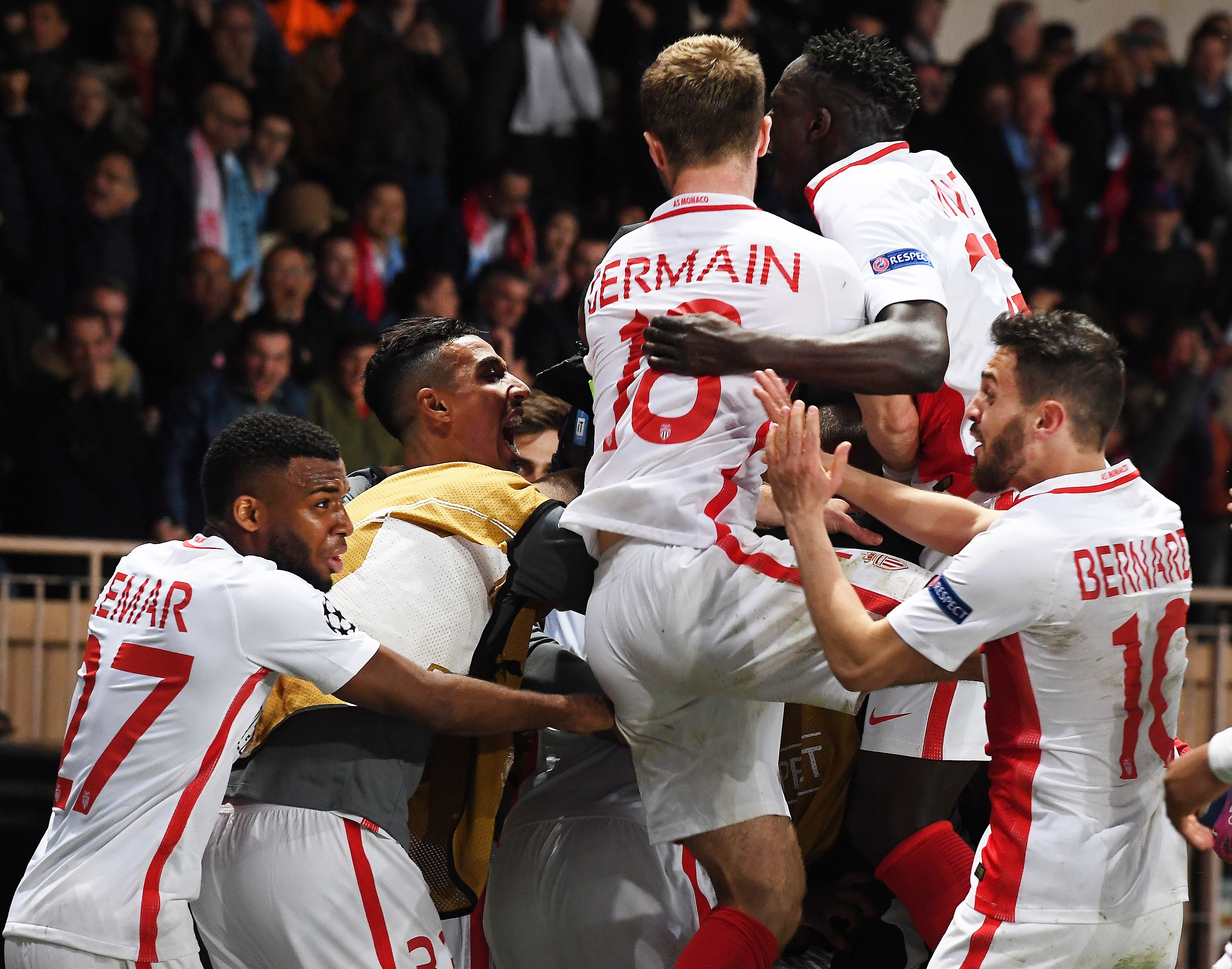 Monaco players celebrate victory over Manchester City in the last 16 of the Champions League in 2016/17.