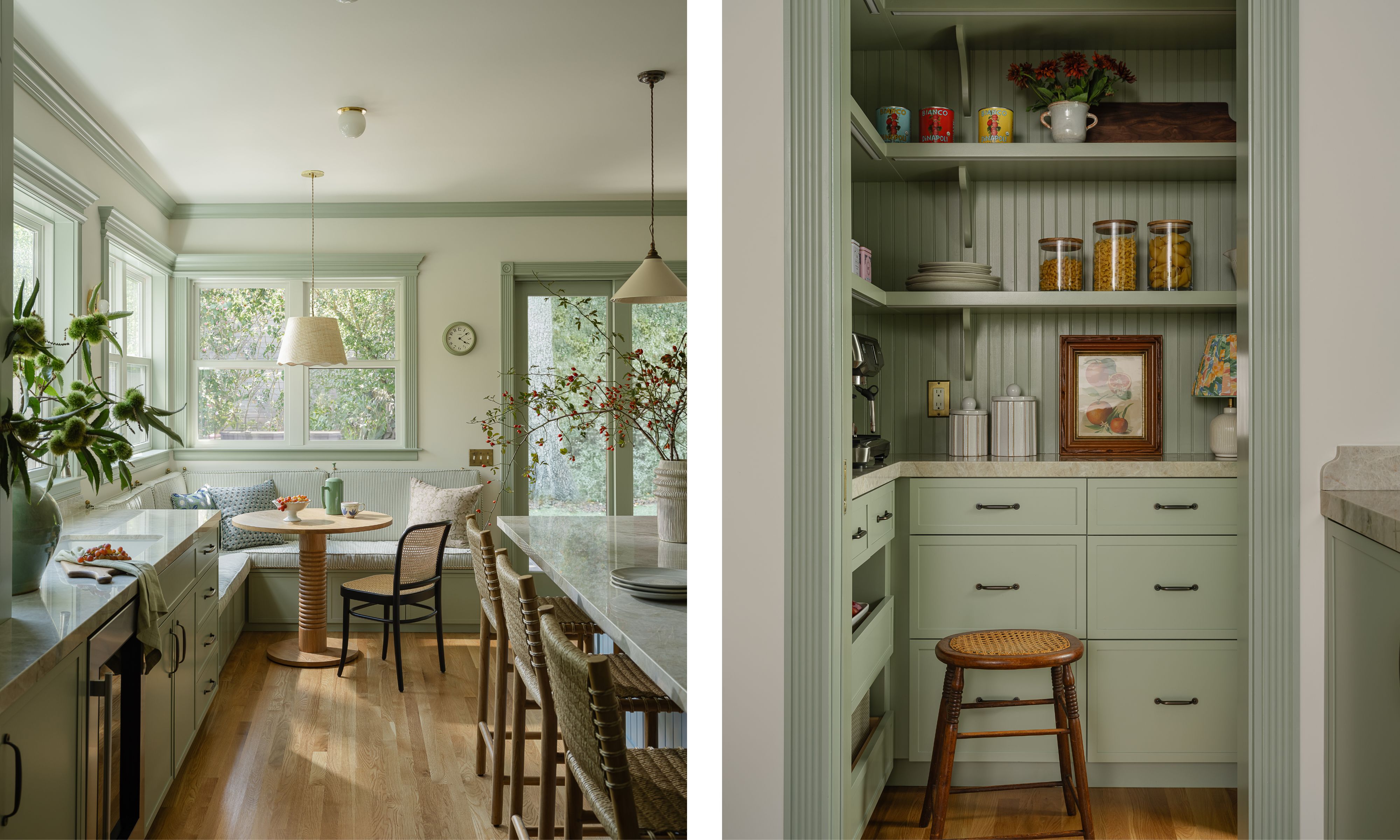 Split image: A light green kitchen featuring a breakfast nook with a round table and a built-in bench on the left, and a detailed view of a built-in pantry with open shelving and drawers on the right.