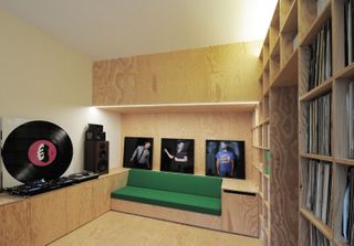 Records and record shelves in plywood at EDC Studio, designed by Fairfax in Paris
